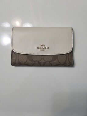 Coach Trifold Flap Wallet in Signature Canvas & Leather Brown and Cream